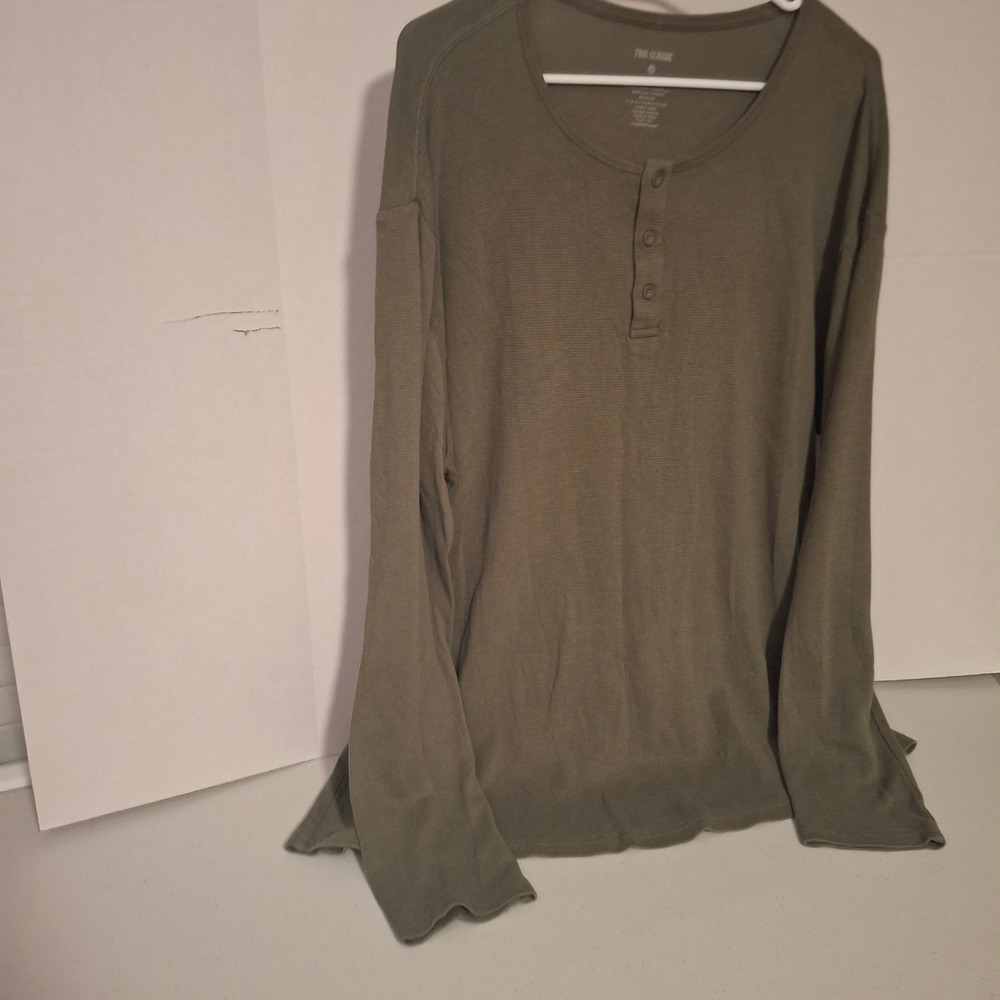 True Classic Mens 2XL Olive Green Long Sleeve Waffle‎ Knit Henley Thermal Shirt